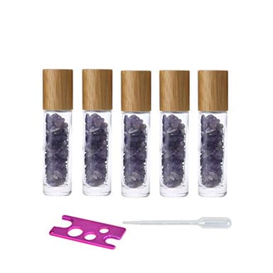 5 Pack 10ml Clear Roll On Bottles With Natural Chakra Crystal Chips for Essential Oils,Perfume Glass Roller Bottles Container Bamboo Lid,Crystal Roller,Pipette&Opener Included (Amethyst)
