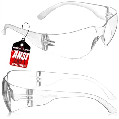 BISON LIFE Safety Glasses | 12 PAIRS with Clear UV Protection, Scratch Resistant, Wrap Around, Ballistic Impact Protected Lenses, One Size, Clear Lens Clear Temple, 12 per pack (1 pack)