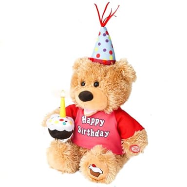 Humor Ted Dancing Singing Happy Birthday Interactive Teddy Bear Stuffed Animal W/Cupcake,Singing Stuffed Animals Musical Animated Plush Toy W/Glow Candle, Teddy Bear Birthday Gift for Kids Adults,12"