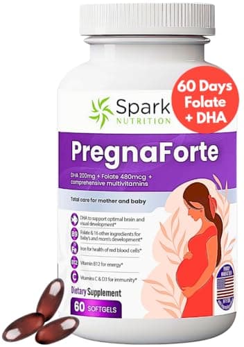 Pregnaforte 1 a day Prenatal vitamins for women 2 month: Folic acid, Fish Oil Omega 3 DHA/EPA, Vitamin D3, B6, Vitmain B12, C, E, Calcium, Iron, Magnesium, Zinc supplement FSA HSA eligble multivitamin