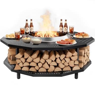 48" Fire Pit Surround Tabletop for Solo Stove Yukon Portable Protective Barrier for Wood Burning Fire Pits Outdoor Bonfire Fire Pit with Firewood Storage Shelf