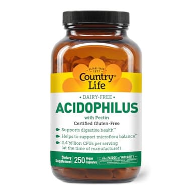 Country Life Acidophilus Probiotic Supplement for Women & Men - Free from Common Allergens - 2.4 Billion CFUs to Support Digestive Health - Dairy-Free, Non-GMO, 250 Vegan Capsules