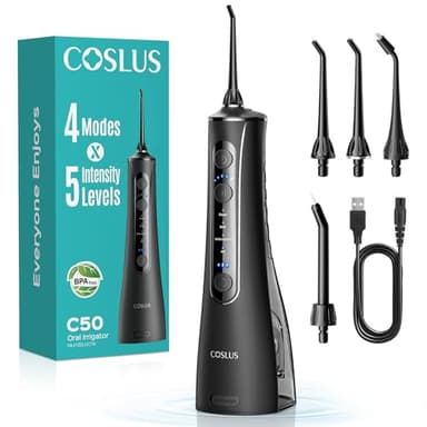 COSLUS C50 Portable Water Flosser for Teeth: 4 Modes & 5 Intensity Levels Professional Electric Dental Pick for Sensitive Gums, Braces & Orthodontic - Cordless for Travel Use, for Adults, BPA-Free