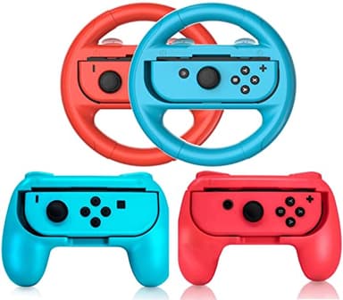 2 PCS Grips for Joy Con and 2 PCS Steering Wheel Compatible for Nintendo Switch Wheel, Family Sports Party Pack Accessories Compatible with Switch / Switch OLED JoyCon Controllers, (Blue and Red)