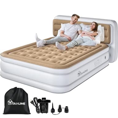 YITAHOME Queen Size Air Mattress with Pump and Banded Headboard, 18in Luxury Flocked Top Blow up Mattress, Durable Inflatable Mattress for Home & Guests, Brown AirBed