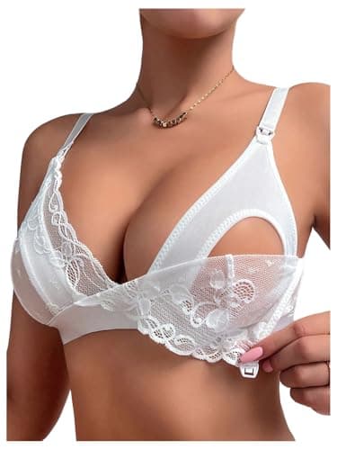 MakeMeChic Women's Nursing Bras Lace Sheer Wireless Unlined Maternity Lingerie Bralette for Breastfeeding White X-Large