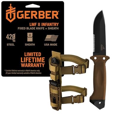 Gerber Gear LMF II Infantry Survival Knife, Made in USA Military Grade Tactical Fixed Blade with Serrated Edge, Shock Absorbing Handle, Molle Sheath and Sharpener, Coyote Brown