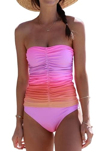 Beachsissi Smocked Tummy Control Gradient Print Tankini Set Women's Bandeau Two Pieces Swimsuits, HotPink, M