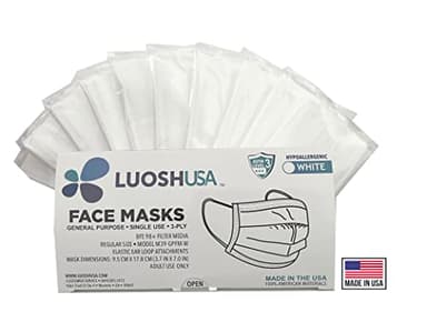 Luosh 3 Ply Face Mask Made in USA, 50 Pack Disposable Masks for Adults, ASTM Level 3, Large Soft Breathable Adult Face Masks Disposable, Hypoallergenic White/Black Masks Disposable