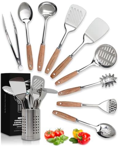 Home Hero Stainless Steel Kitchen Utensils Set - Wood Handle Nonstick Stainless Steel Cooking Utensils Set - Heat Resistant Kitchen Essentials & Metal Kitchen Gadgets (Silver & Wood)