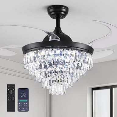 CROSSIO 48" Black Crystal Ceiling Fans with Lights, Luxury Chandelier Fan APP & Remote Control Dimmable Fandelier for Dining Room Living Room Bedroom