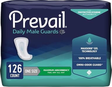 Prevail Proven - Male Incontinence Guards - Bladder Leak Guards - Maximum Absorbency - 126 Count (9 packs of 14)