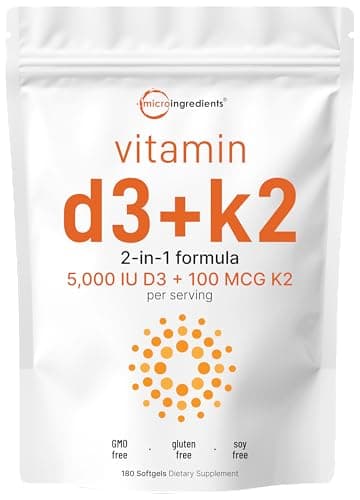 Micro Ingredients Vitamin D3 5,000 IU + K2 MK-7 100 mcg, 180 Softgels | 2-in-1 Formula | Easy to Swallow, Non-GMO