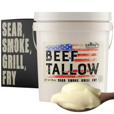 LeRoy’s Rocky Mountain Beef Tallow – 7 lbs Bucket – 100% Pure Rendered Beef Fat for Cooking, Frying & Grilling – High Smoke Point – Keto, Paleo & Carnivore Diet Friendly – No Additives, USA Made
