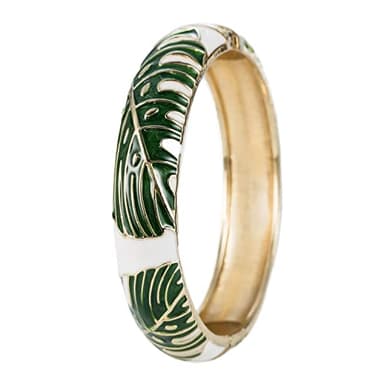 Aloha Jewelry Company Hawaiian Monstera Luau Leaves Hinged Clasp Fashion Enamel Bangle Bracelet (Green)