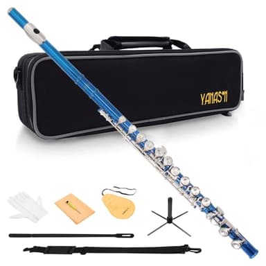 YANASON Blue C Flute Closed Hole 16 Keys Flute Nickel-Plated for Beginner, Student and Professionals with Carrying case, Metal stand, Gloves, Tuning Rod, Cleaning kit(Blue)
