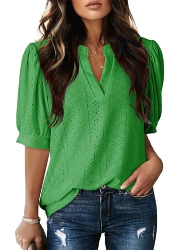 Dokotoo Womens Tops Short Sleeve Shirts V Neck Dressy Casual Blouses Lace Tops Business Casual Outfits Spring Summer Tops Ladies Tops and Blouses for Womens Fashion 2026 Bright Green Shirts XL