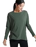 CRZ YOGA Pima Cotton Long Sleeve Workout Shirts for Women Loose Fit Athletic Yoga T-Shirts Casual Boat Neck Fall Tops Nature Green Small