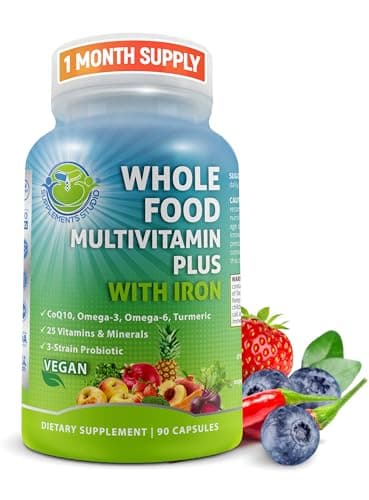 Vegan Whole Food Daily Multivitamin with Iron, Methylated Multivitamin for Women and Men, Made with Fruits & Vegetables, B-Complex, Probiotics, Enzymes, CoQ10, Omegas, Turmeric, Non-GMO, 90 Count