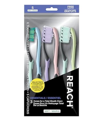 Reach Essentials Toothbrush with Toothbrush Caps, Multi-Zoned Angled Soft Bristles, Contoured Handle, Tongue Scraper, 6 Count