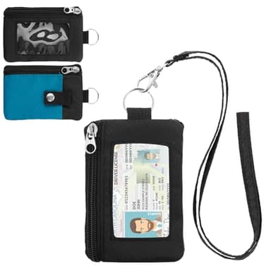 ZHOMA Minimalist RFID Wallet with Lanyard, Multi-Functional ID Case with 2 Zipper Pockets and Key Chain for Men and Women, Tactical Badge Pouch Cards Holder, Coin Purse for Travel Sports - Black&Blue