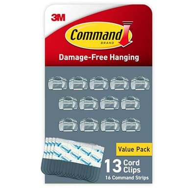 Command Round Cord Clips, Damage-Free Hanging Cable Clips, No Tools Wall Clips for Hanging Electrical Cables of Christmas Decorations, 13 Clear Cord Clips and 16 Command Strips