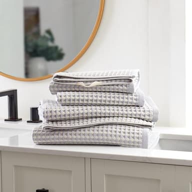 DKNY Pure Waffle Towels for Bathroom, 4 Pc Towel Set, 100% Cotton Quick Dry Towels, Absorbent, Super Soft, 2 Bath, 2 Hand, Blue