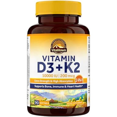 Vitalitown Vitamin D3 K2 Supplement, Vitamin D3 10000 IU Vitamin K2 (MK7) 200 mcg, 90 Softgels, Non-GMO, No Gluten & Soy, for Bone, Teeth, Immune & Heart Health