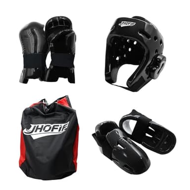 JHOFIF Martial Arts Karate Protective Sparring Gear Package Deal/Gift Adjustable Adult & Youth Headgear, UZJ Gloves & Kicks for MMA, Taekwondo, Boxing Training (Black, Small)
