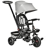 Qaba Kids Tricycle 4 in 1 Trike with Reversible Seat, 2.8'-3.1' Height Push Handle, Canopy, Handrail, Safety Belt, Storage Footrest Brake Clutch, for 1-5 Years Old, Gray