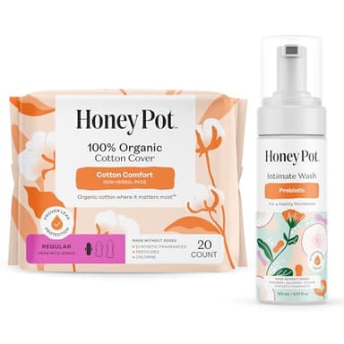 The Honey Pot Company - Non-Herbal Regular Pads & Prebiotic Feminine Wash Bundle - Cotton Cover - Herbal Infused Natural Hygiene Feminine Products - Feminine Care - Sanitary Pads for Women