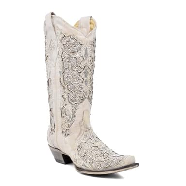 CORRAL Women's Snip Toe Stitched Leather Cowgirl Western Boots, White Glitter Inlay & Crystals, 10.5 Medium
