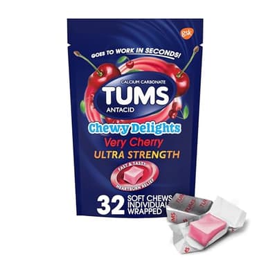 TUMS Chewy Delights Ultra Strength Antacid Soft Chews for Chewable Heartburn Relief and Acid Indigestion Relief, Very Cherry - 32 Count