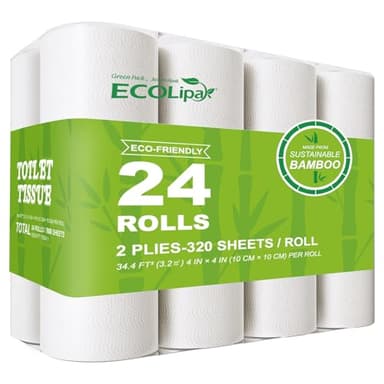 ECOLipak Bamboo Toilet Paper, Septic Safe Toilet Tissue, 24 Double Rolls, 320 Sheets Per Roll, Tree Free, Non Toxic, 2 Ply, Soft and Absorbent, Eco Friendly Dye-Free Paper