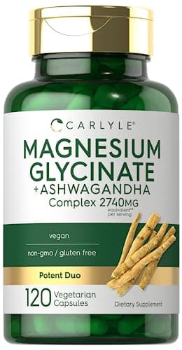 Carlyle Magnesium Glycinate with Ashwagandha | 120 Vegetarian Capsules | Potent Duo | Non-GMO and Gluten Free Supplement