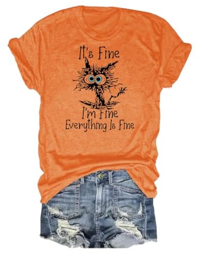Women's I'm Fine Everything is Fine T-Shirts Short Sleeve Sayings Oversized Casual Cute Cat Graphic Tee Blouse Tops XL Orange