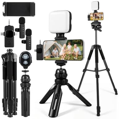 Heliora Vlogging Kit with Wireless Lavalier Microphone for iPhone, Android, YouTube Starter kit Content Creator Equipment with 60” Extendable Fullsize Tripod, Soft Light for Vlogging, YouTube, TikTok