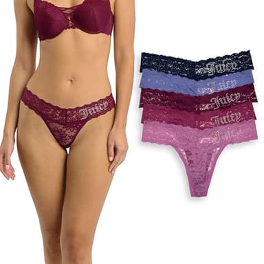 Juicy Couture Women's Stretch Lace Rhinestone Thong Underwear Set, Panties for Women, 5-Pack (US, Alpha, Large, Regular, Regular, Moxie/Berry Blast/Mulled Wine/Very Peri/Sapphire Navy)