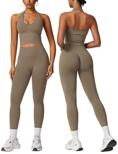 ABOCIW Workout Sets for Women 2 Piece Seamless V Neck Halter Tank Top with Bra Scrunch Butt Lifting High Waist Leggings Gym Sets Work Out Clothes Minky Small