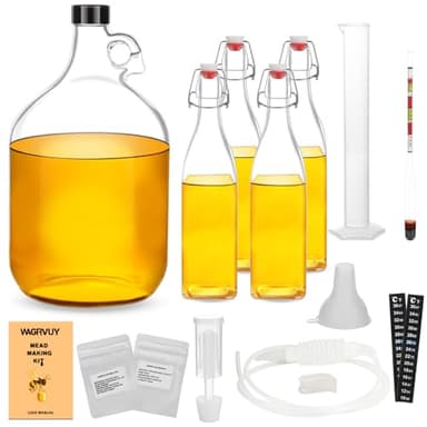 Mead Making Kit for Beginners - Complete Home Brewing Starter Set with Reusable Supplies, 1 Gallon Glass Honey Wine Fermentation Jar with 4 Pcs Bottles Yeast & Nutrients Hydrometer Operation Guide