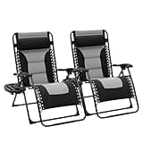JEAREY Oversized Padded Zero Gravity Chairs Set of 2, Folding Lounge Chair Outdoor Patio Recliner, Anti Gravity Chair for Backyard with Headrest, Cup Holder, Side Tray, Polyester Mesh - Black/Gray