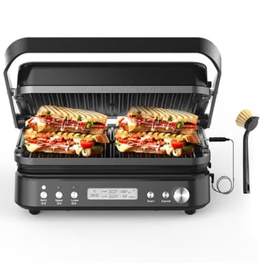 CATTLEMAN Panini Grill Press Sandwich Maker with Removable Plates, 1600W, 5 in 1 Smokeless Indoor Grill & Griddle with Meat Thermometer, PFAS Free Ceramic Nonstick Reversible Plates, Opens Flat