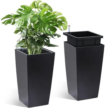 Garvee 16" Tall Planters Set of 2, Outdoor＆Indoor Black Planter Pots, High Front Porch Planter Pots with Drainage Holes＆Water Level Monitor＆Inner Bucket,Black