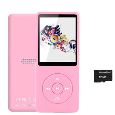 128GB MP3 Player with Bluetooth 5.2, Portable Pink Music Player for Kids with Built-in HD Speaker, FM Radio, Voice Recorder, Earphones Included