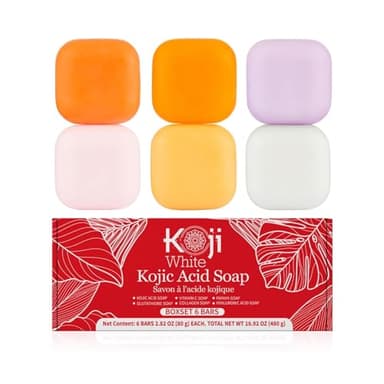 Koji White Kojic Acid Soap, Soap Gift Set for Women Christmas Gift with Kojic Acid, Papaya, Glutathione, Vitamin C, Collagen, Hyaluronic for Face & Body - Natural, Glycerin, Vegan 2.8 Oz (6 Bars)