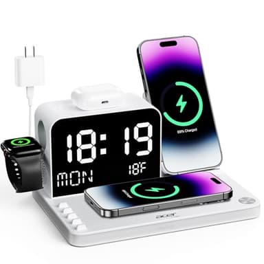 Acer 7-in-1 Wireless Charging Station with LED Clock - 30W Fast Wireless Charger for iPhone 16/15/14/13/12/Pro Max, Apple Watch, AirPods - Bluetooth Auto Time Sync & Night Lights (White)