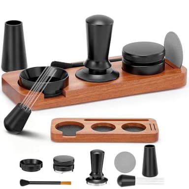 54mm Espresso Accessories Kit, 7 PCS Espresso Tamper Tools, WDT Tool Set with Coffee Tamper, Distributor, Dosing Funnel, Stirrer, Puck Screen, Brush & Wood Tamping Station - Fits 54mm Portafilter