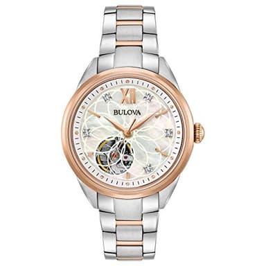Bulova Ladies' Sutton Two-Tone Rose Gold 3-Hand Automatic, Open Aperture and White Mother-of-Pearl Dial with Diamonds Style: 98P170
