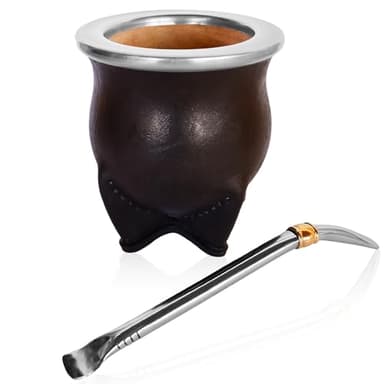 Authentic Artisan Yerba Mate Gift Set – Handmade 5.5" Natural Calabash Gourd with Leather Cover + Stainless Steel Bombilla – Traditional Argentine Kit (Gift Ready)