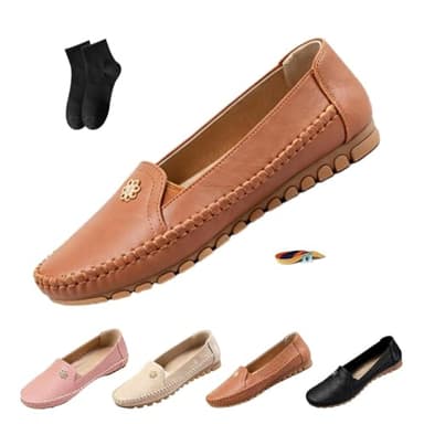 Orthopedic Dress Sneakers Women, Stylish Orthopedic Leather Shoes - All-Day Comfort for Women,Lightweight Slip on Stitched Flat-Soled Casual with Flower (Brown,8)